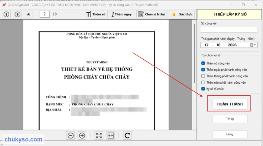 Bấm Hoàn thành sau khi ký số file PDF