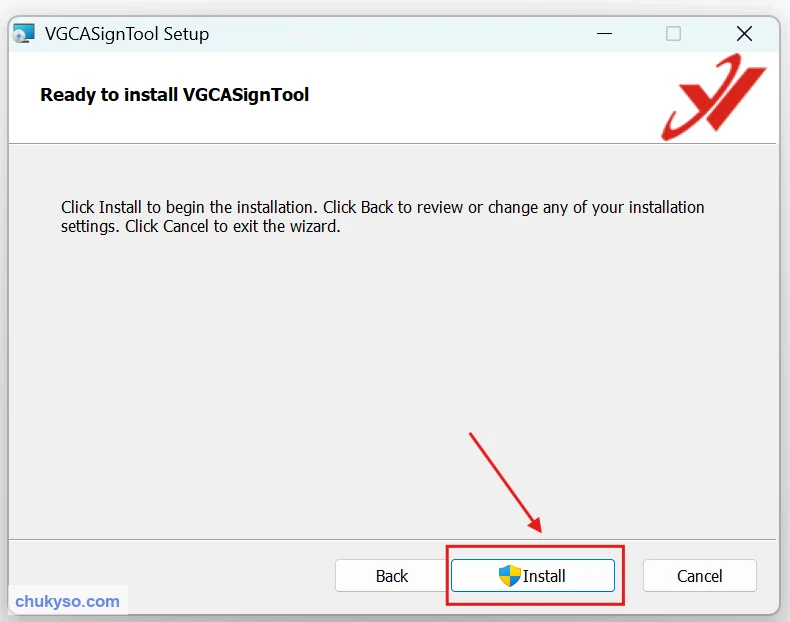 Bấm Install để cài VGCASignTool