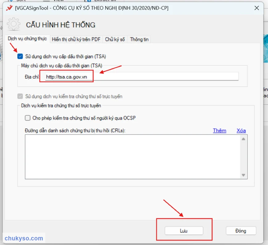 Cấu hình dịch vụ cấp dấu thời gian TSA tsa.ca.gov.vn trong VGCASignTool