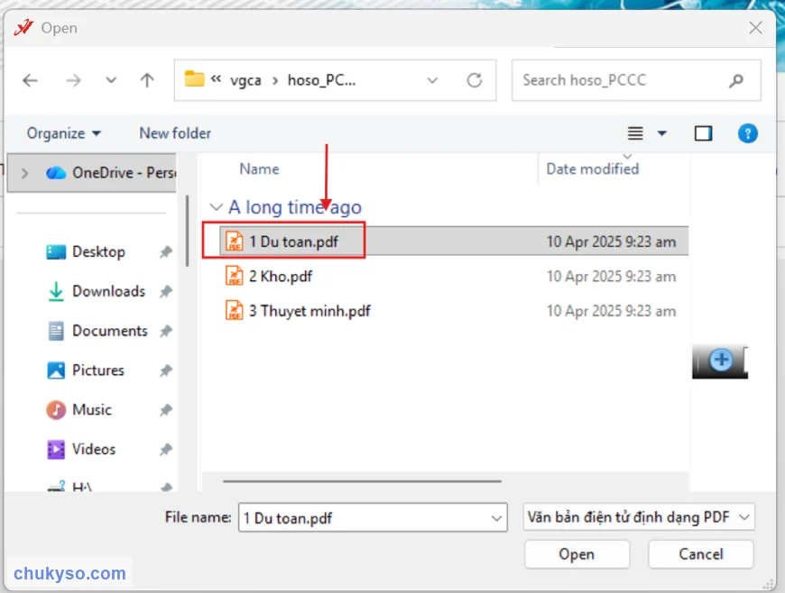 Chọn file PDF cần ký số
