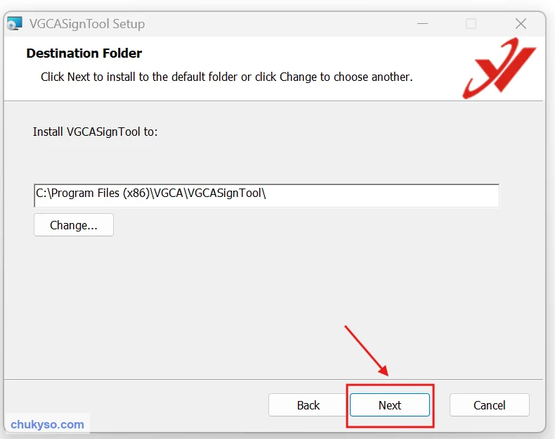 Chọn thư mục cài đặt VGCASignTool