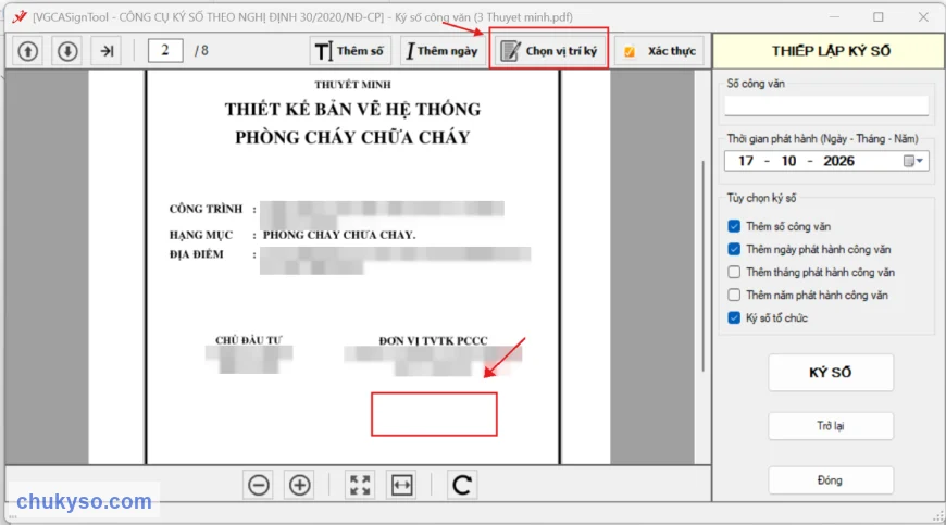 Chọn vị trí ký trên file PDF trong VGCASignTool