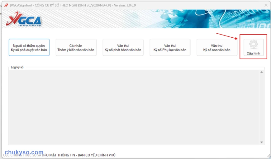 Giao diện chính VGCASignTool 3.0.6, bấm Cấu hình