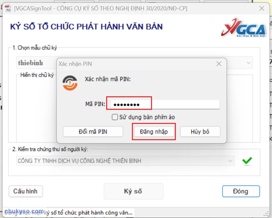 Nhập mã PIN USB Token khi ký số bằng VGCASignTool