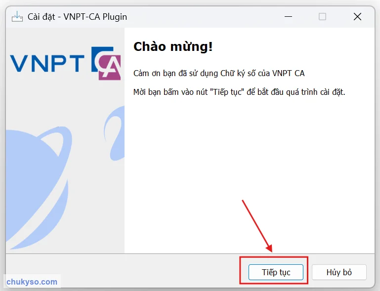 Màn hình chào mừng cài đặt VNPT-CA Plugin, bấm Tiếp tục