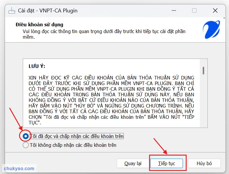 Chấp nhận điều khoản sử dụng VNPT-CA Plugin