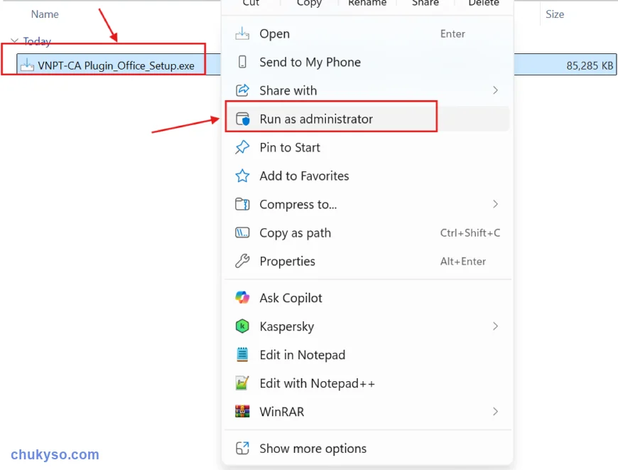 Chạy VNPT-CA Plugin_Office_Setup.exe bằng Run as administrator