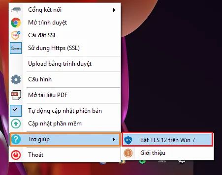 Bật TLS 1.2 trên Windows 7 từ menu Trợ giúp của VSS Declaration