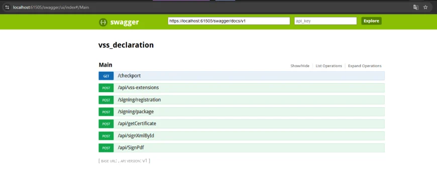 Trang Swagger kiểm tra API của VSS Declaration trên localhost