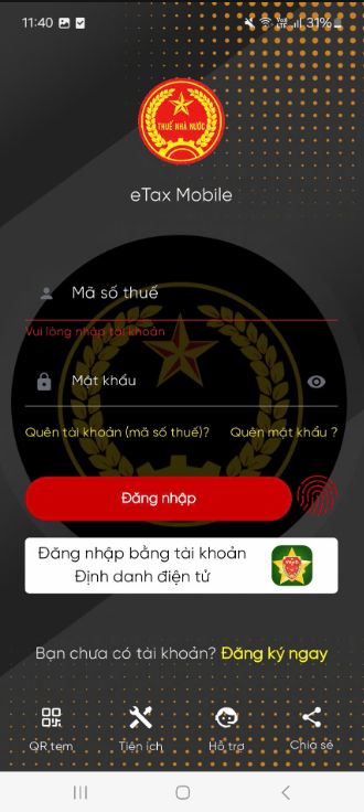 Đăng nhập eTax Mobile bằng tài khoản định danh điện tử VNeID
