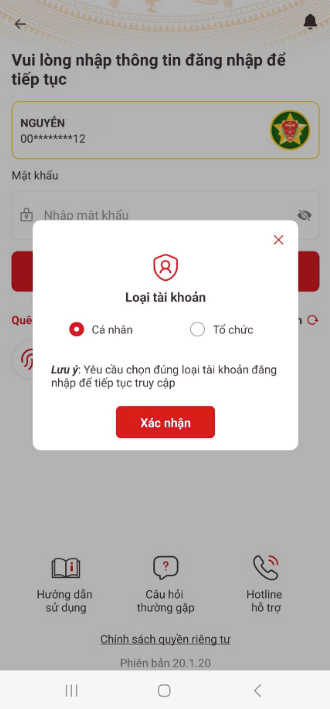 Chọn loại tài khoản Cá nhân khi đăng nhập VNeID