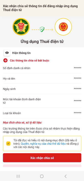 Xác nhận chia sẻ thông tin từ VNeID sang eTax Mobile
