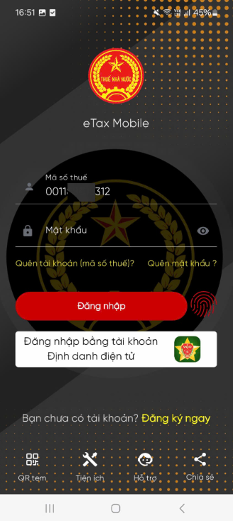 Đăng nhập eTax Mobile bằng MST và mật khẩu do cơ quan thuế cấp