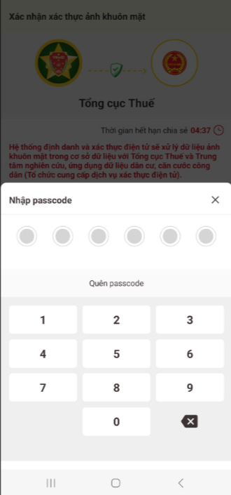 Nhập passcode để xác thực sinh trắc học