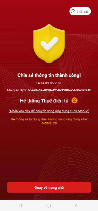 Màn hình chia sẻ thông tin thành công