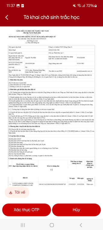Màn hình xác thực OTP trên eTax Mobile
