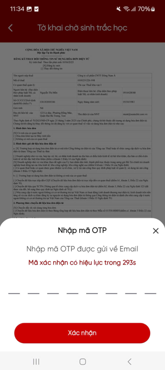 Nhập mã OTP để xác thực tờ khai hóa đơn điện tử