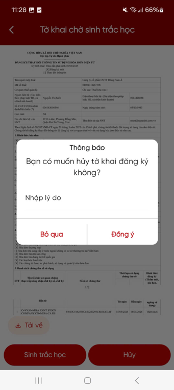 Hủy tờ khai chờ xác thực trên eTax Mobile