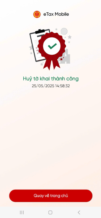 Màn hình hủy hồ sơ thành công