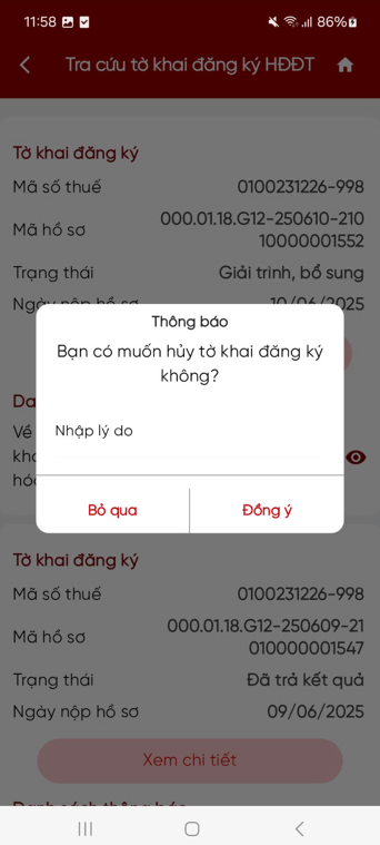 Xác nhận hủy tờ khai đang xử lý