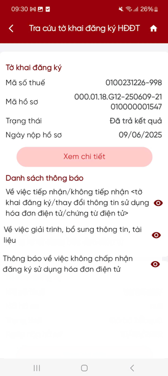 Danh sách thông báo tờ khai hóa đơn điện tử