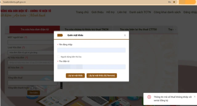 Lỗi thông tin mã số thuế không khớp với serial đăng ký